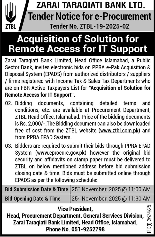 Zarai Taraqiati Bank Limited Islamabad Tender Notice